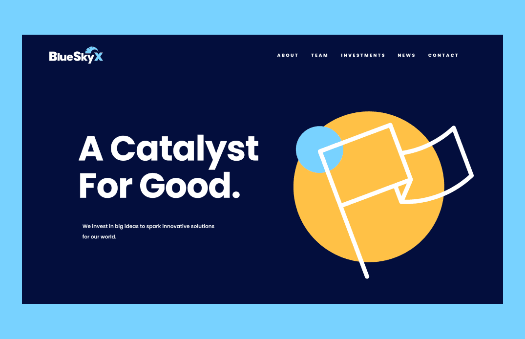 Desktop homepage hero with A Catalyst For Good headline and navigation