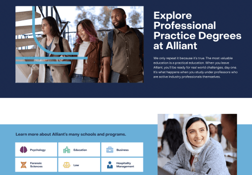 Professional practice degrees section with program categories including Psychology, Education, Business, Law, and Hospitality Management