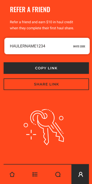 Refer a Friend screen with invite code and sharing options for haul credit rewards