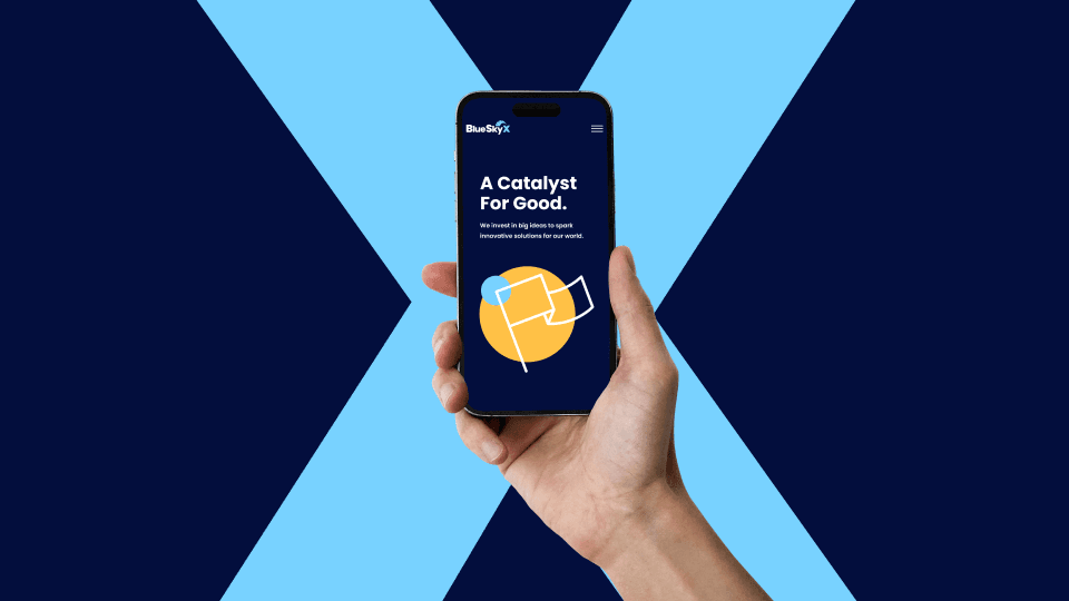 Mobile mockup displaying the BlueSkyX homepage hero section