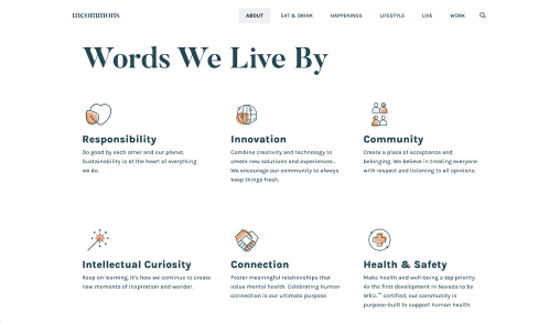About page showcasing UnCommons core values: Responsibility, Innovation, Community, Intellectual Curiosity, Connection, and Health & Safety