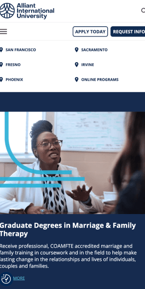 Mobile view of Marriage and Family Therapy graduate program page with campus locations