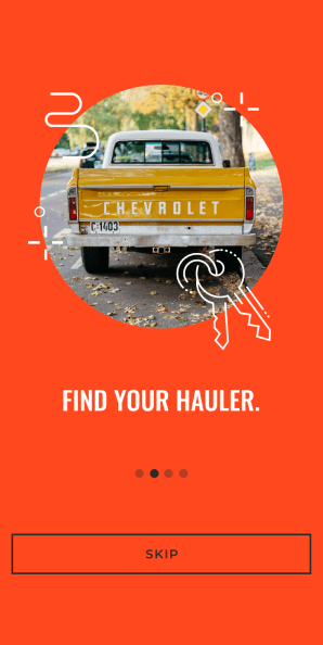Onboarding screen with vintage Chevrolet truck and Find Your Hauler prompt