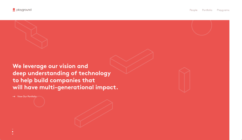 Desktop view of vision statement with isometric line-art graphics on coral background