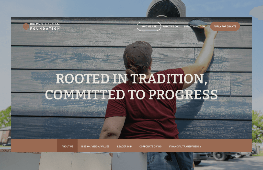 Interior page hero with headline Rooted in Tradition, Committed to Progress