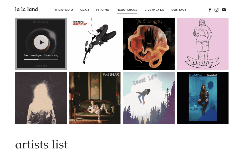 Artists list page displaying album covers from featured recordings