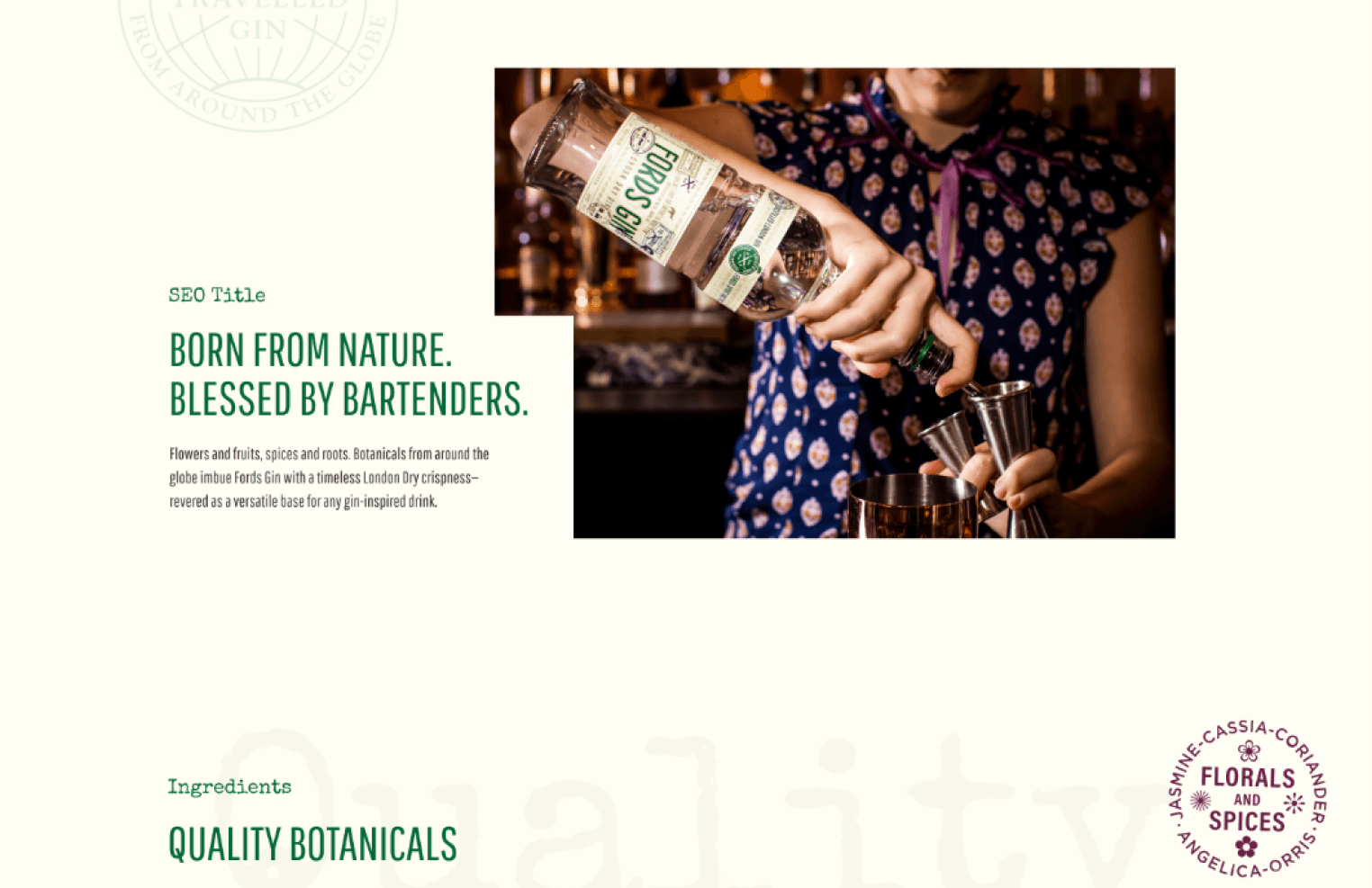 Brand story section with bartender pouring gin and ‘Born from Nature, Blessed by Bartenders’ headline