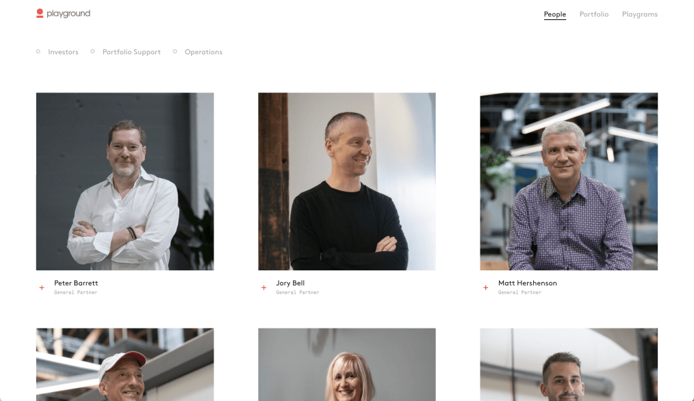 People page showing team member portraits including Peter Barrett, Jory Bell, and Matt Hershenson