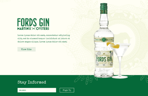 Landing page footer with Ford’s Gin bottle, martini glass, email signup form, and vintage map background