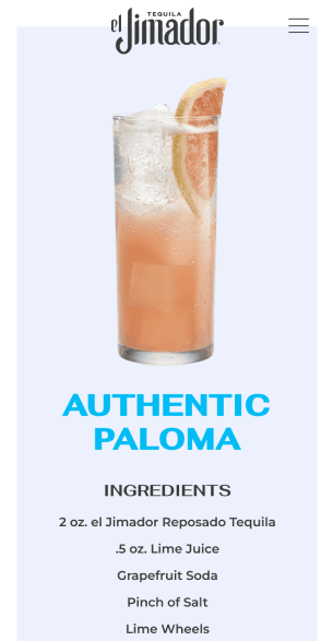 Mobile cocktail recipe page showing Authentic Paloma with ingredients list