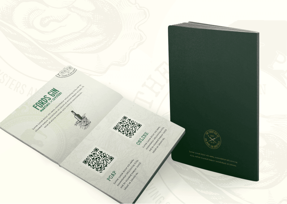 Event passport interior spread showing cocktail recipes, QR codes, and Martinis x Oysters branding