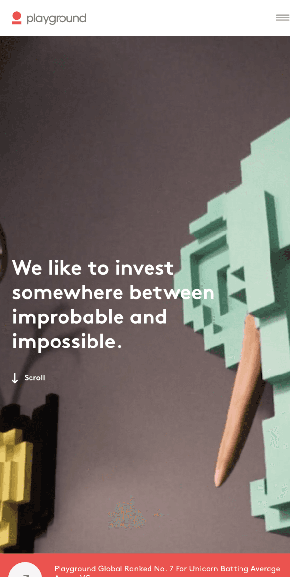 Mobile view of homepage hero with 3D voxel art and investment tagline
