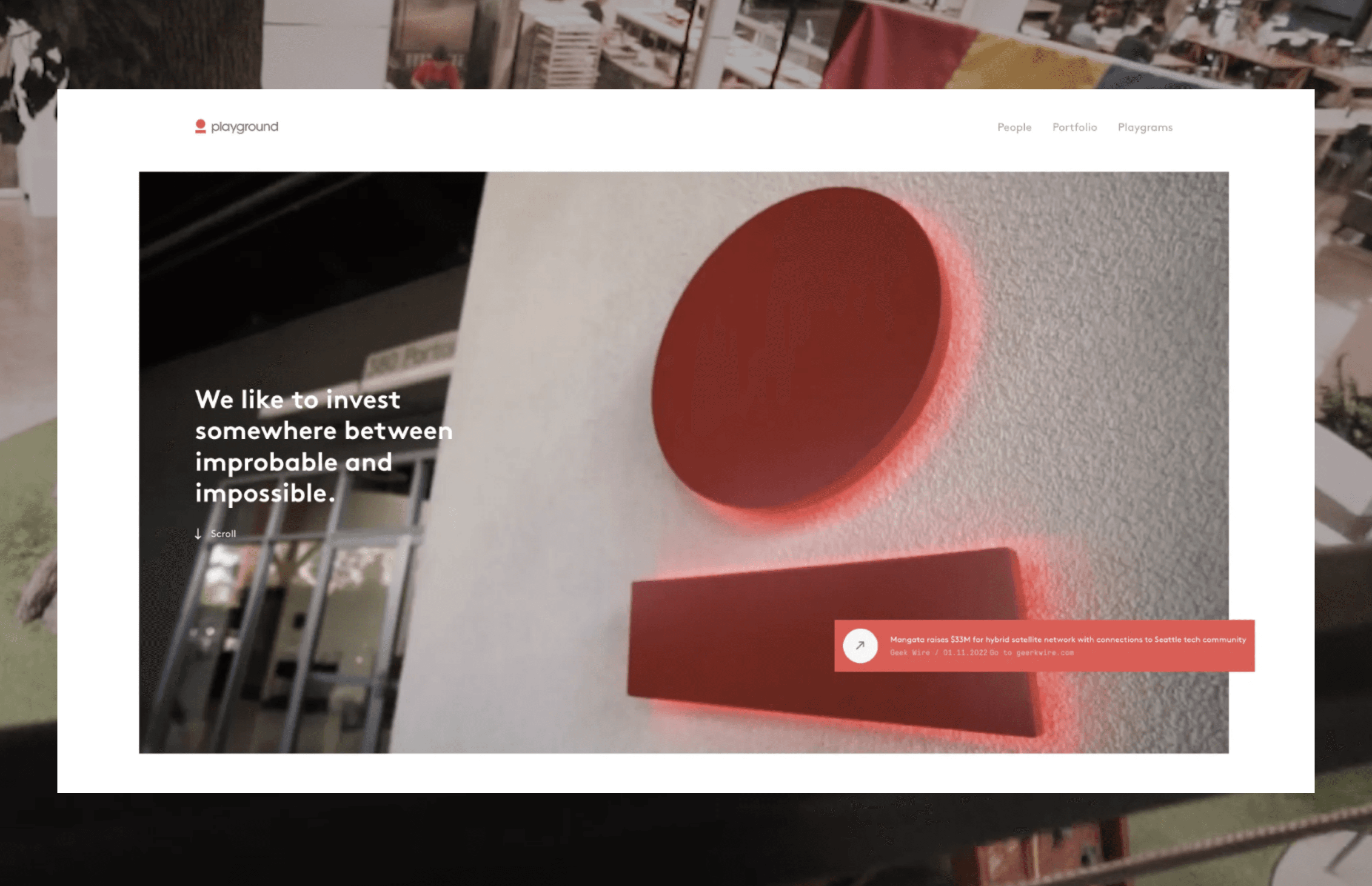 Homepage hero section featuring Playground Global’s tagline with 3D geometric shapes