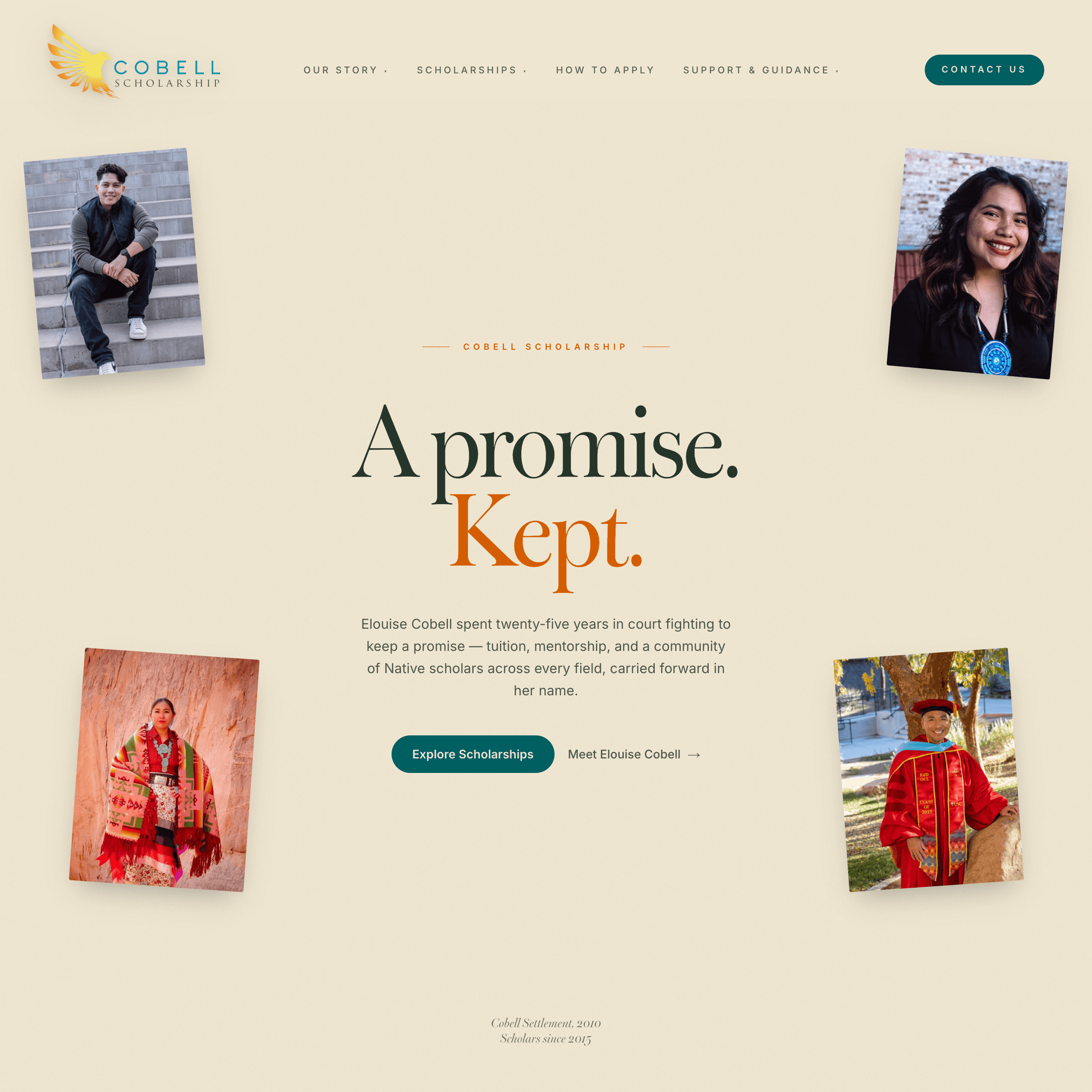 Cobell Scholarship homepage hero, “A promise. Kept.,” with scholar portraits