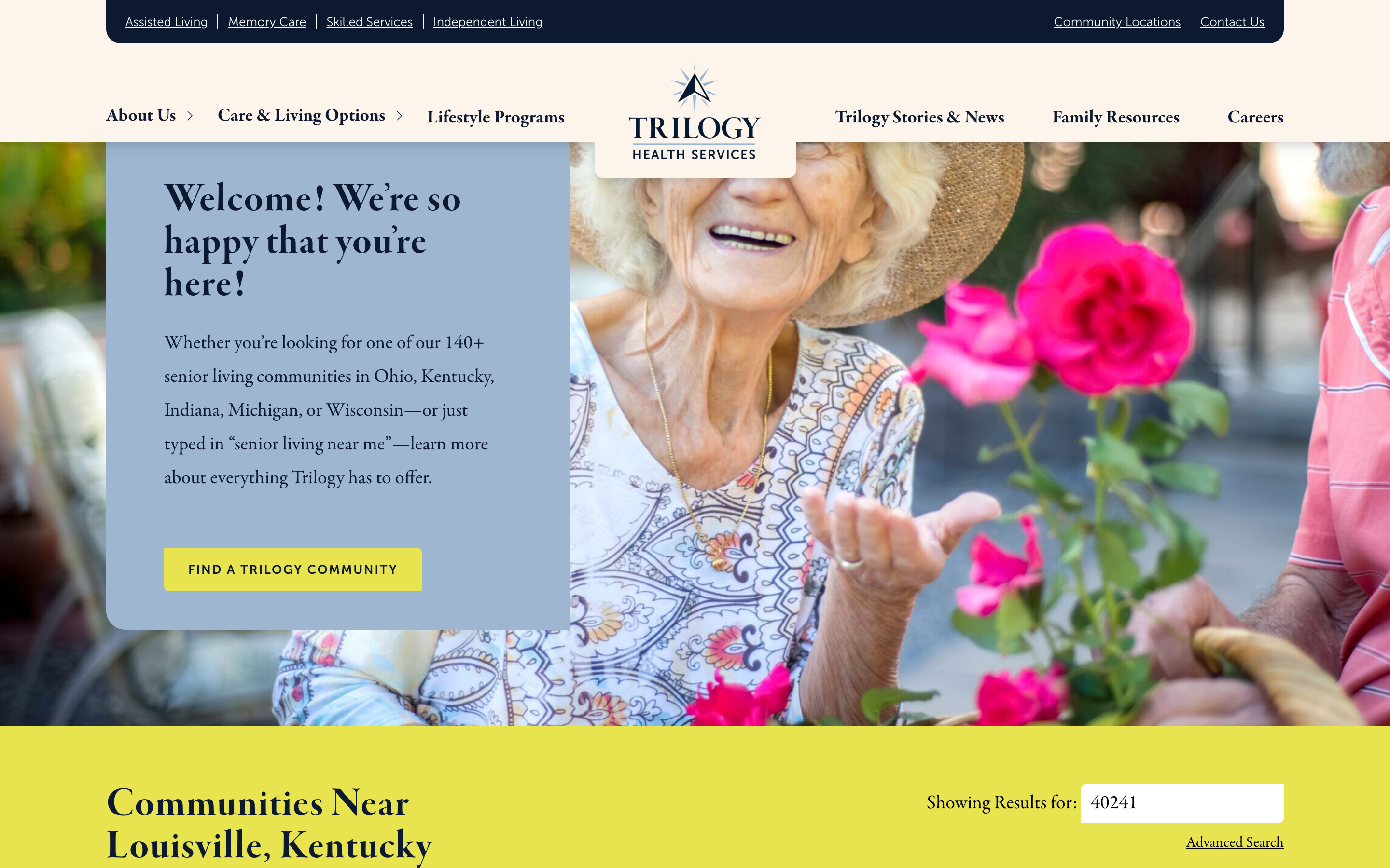 Trilogy Health Services homepage hero, “Welcome! We’re so happy that you’re here!”