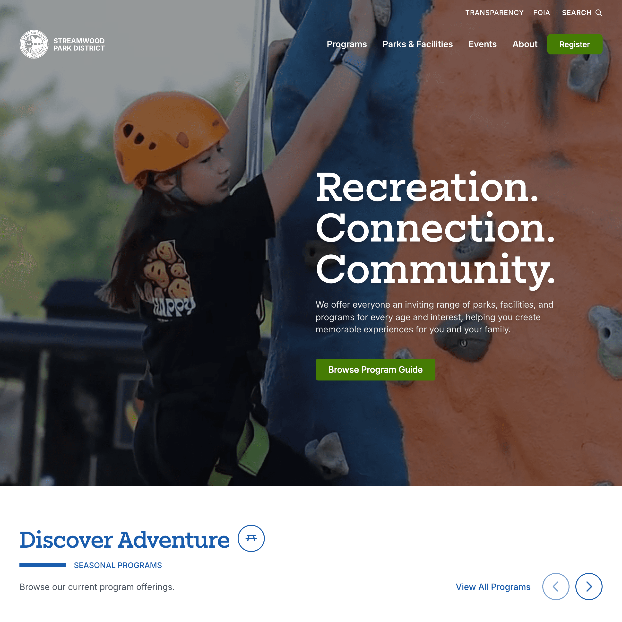 Streamwood Park District homepage hero, “Recreation. Connection. Community.”