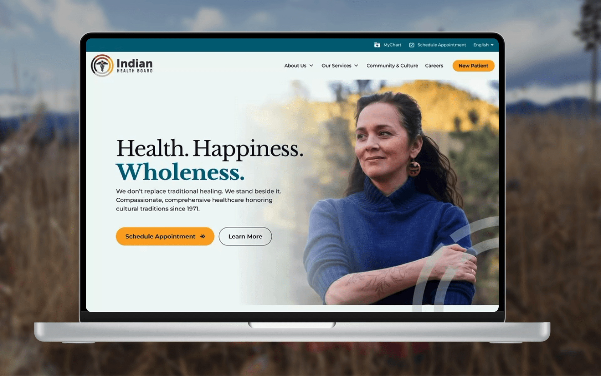 Indian Health Board homepage hero, “Health. Happiness. Wholeness.”