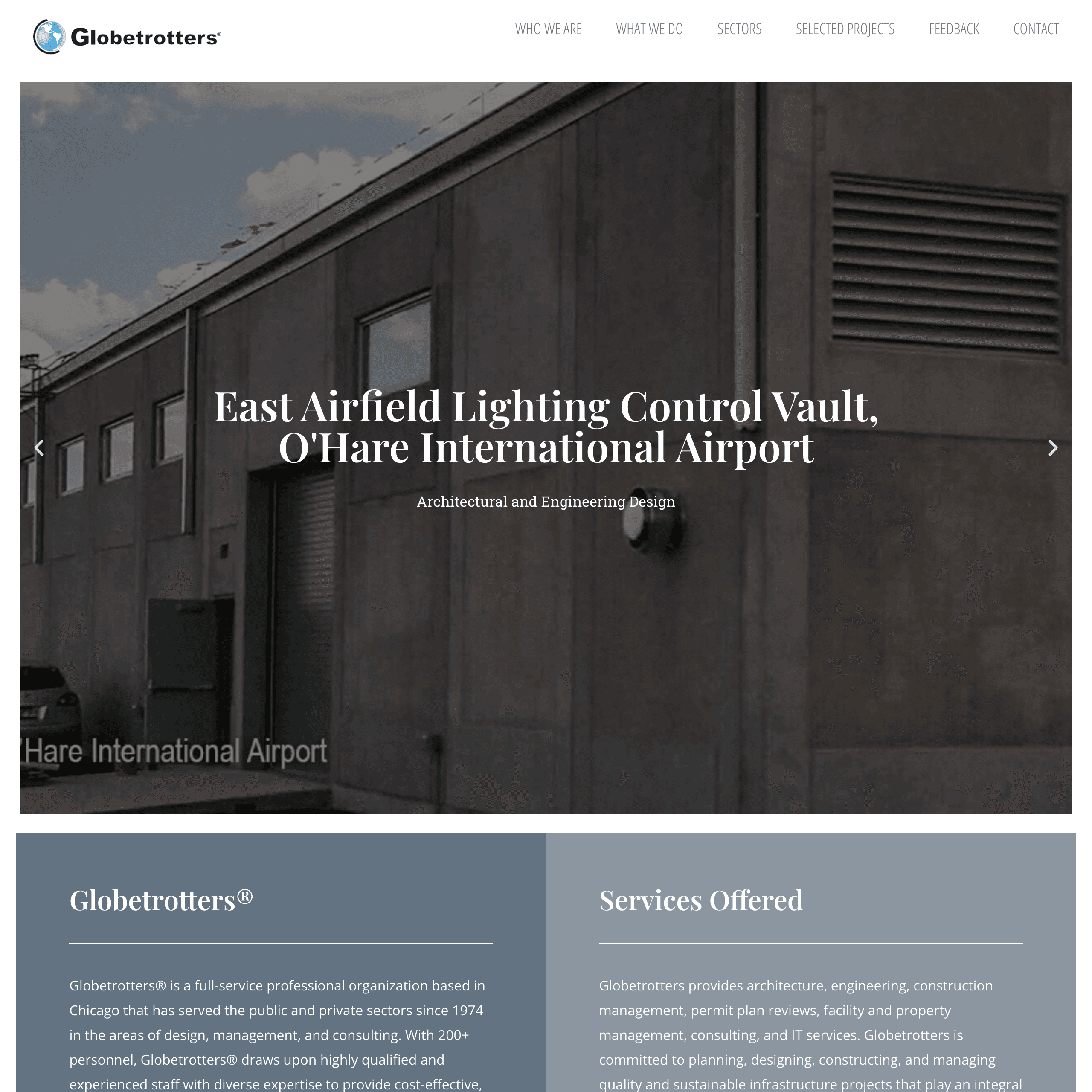 Globetrotters homepage slider featuring the East Airfield Lighting Control Vault at O’Hare