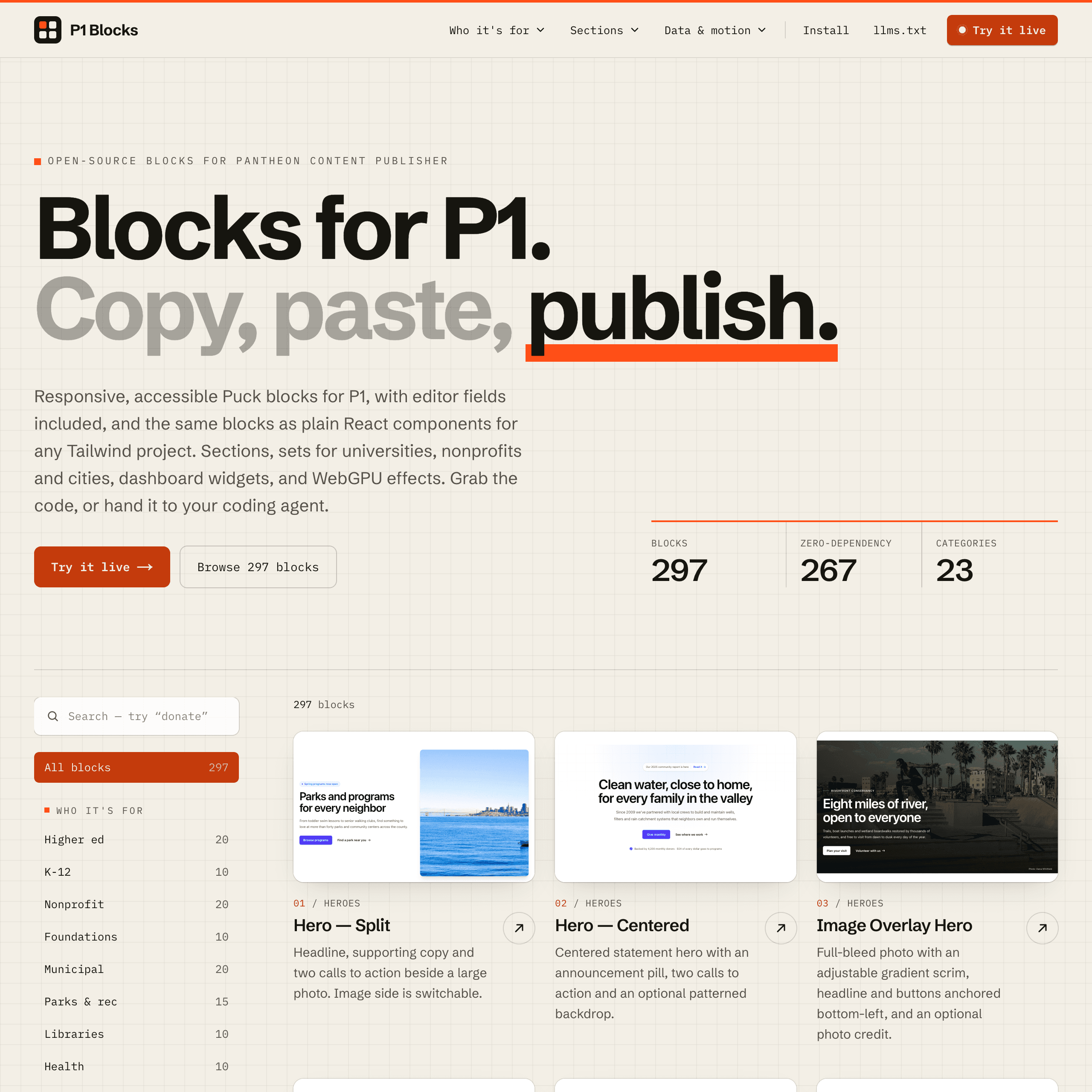 P1 Blocks homepage hero, “Blocks for P1. Copy, paste, publish.”