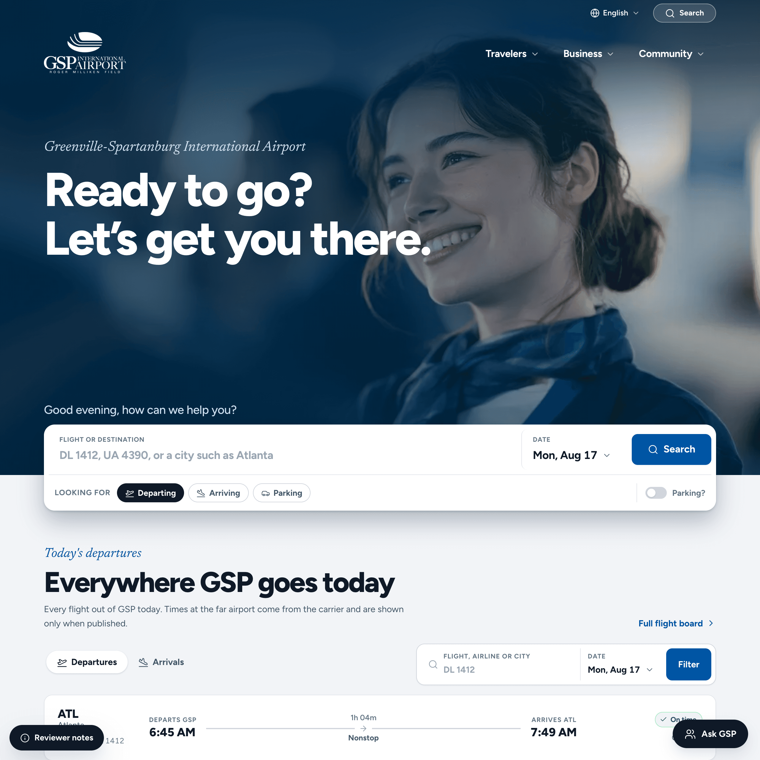 GSP Airport concept homepage hero, “Ready to go? Let’s get you there.,” with flight search