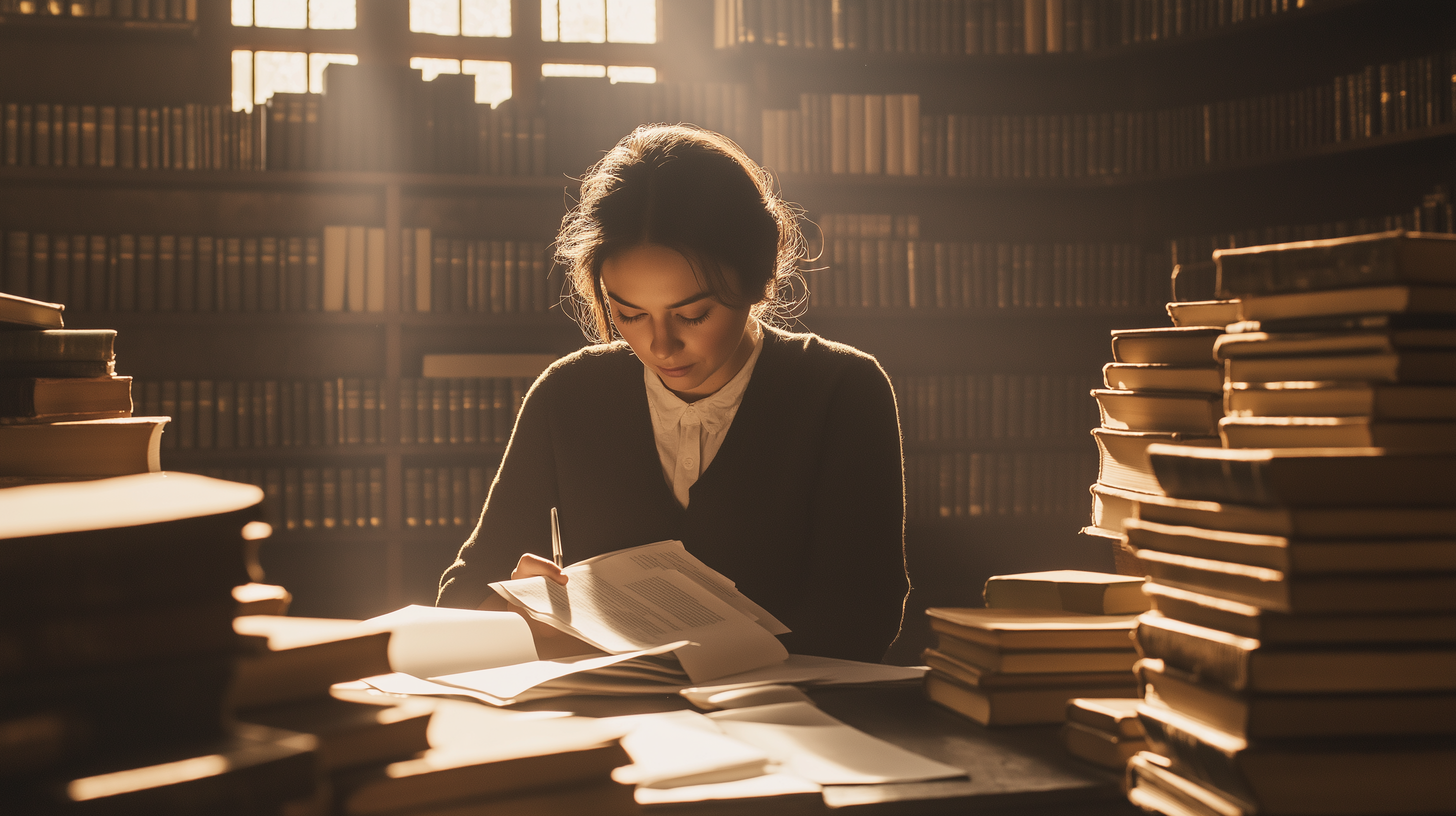 a person surrounded by books conducting research