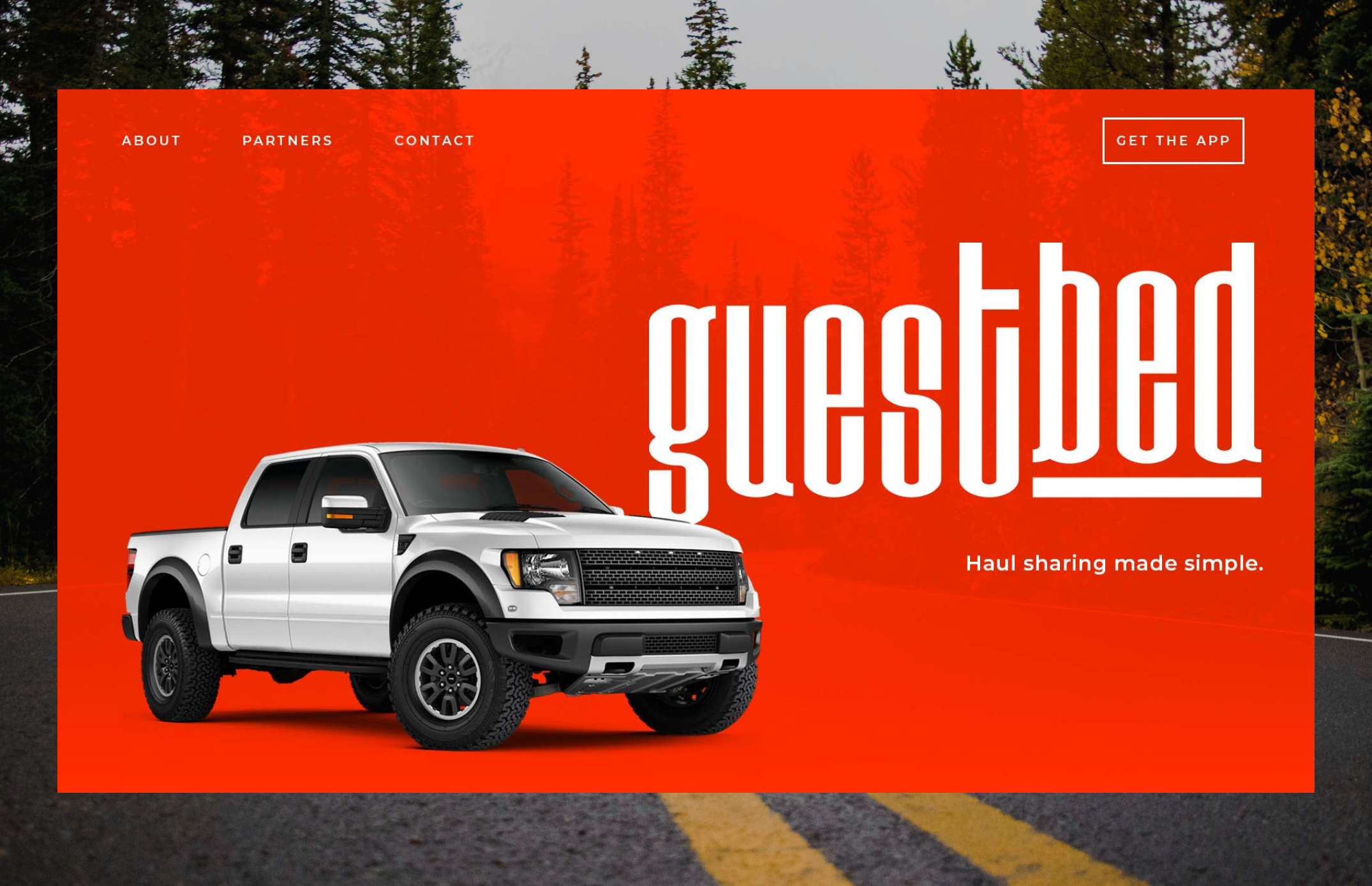 Desktop design for Guestbed showing the main landing page with a truck on a red background