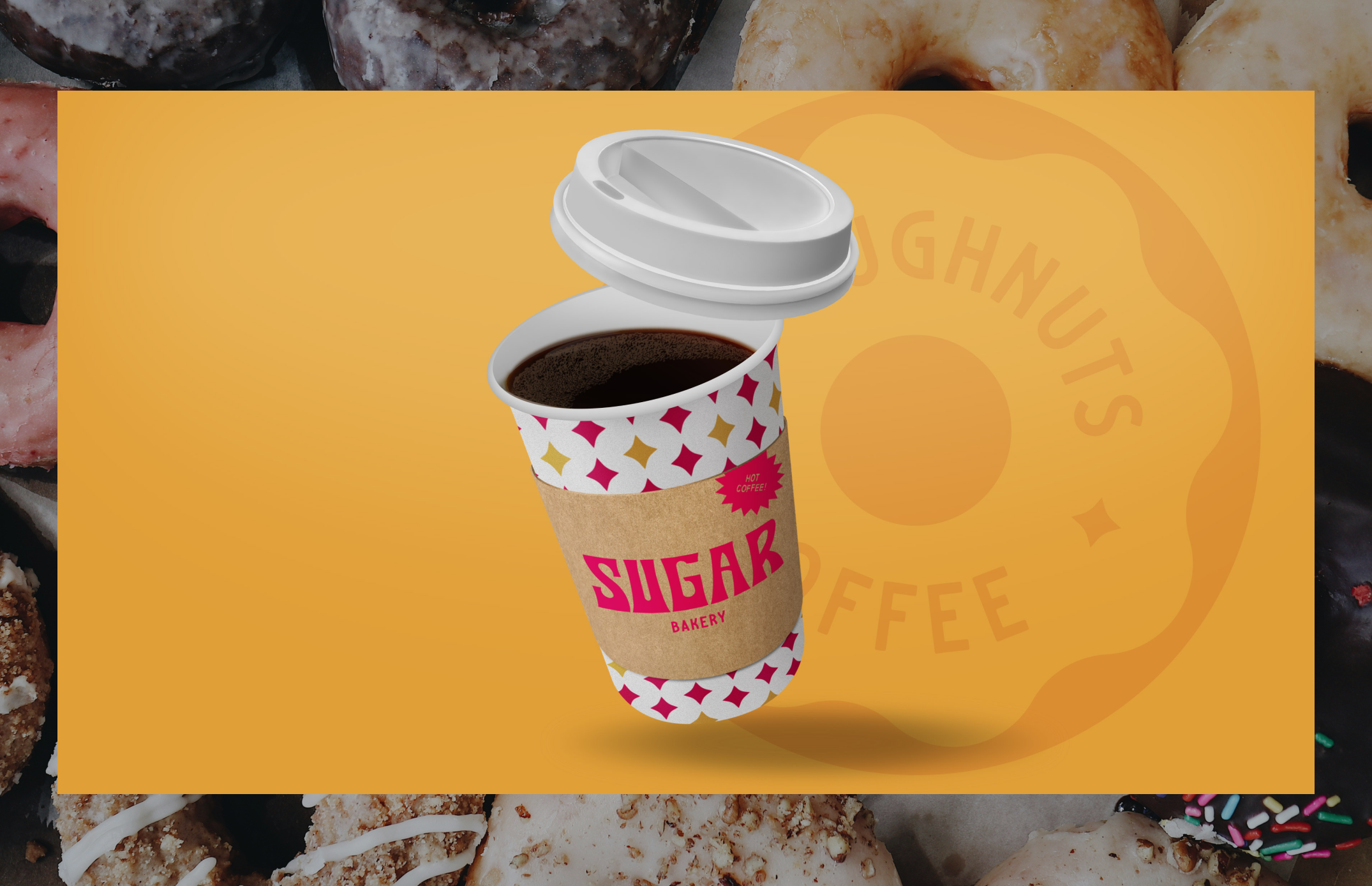 Sugar Bakery branded merchandise-- custom cup pattern and cardboard sleeve