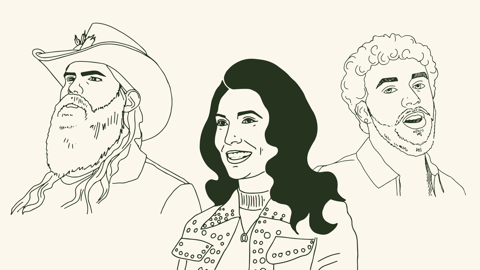 Hand-drawn illustrations of Chris Stapleton, Loretta Lynn, and Jack Harlow.