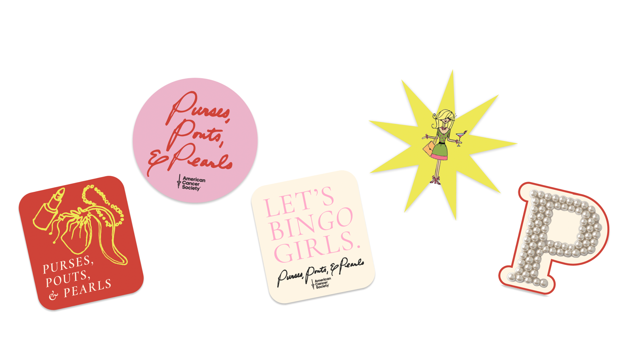 American Cancer Society collateral showing card and coaster designs reading "Purses, Pouts, and Pearls"
