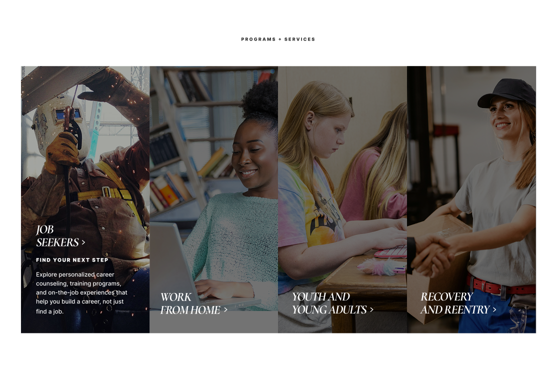 Web design for EKCEP's relaunched 2025 website, featuring four animated panels with images of EKCEP trainees.