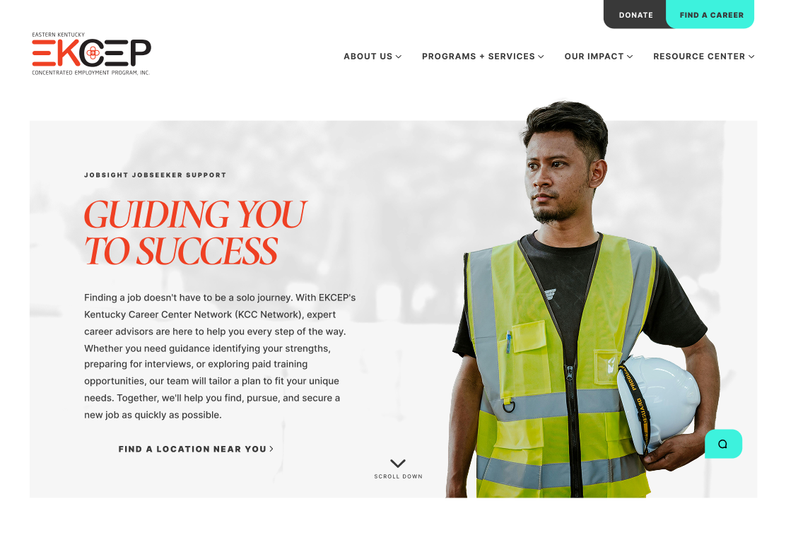 Web design for EKCEP's relaunched 2025 website featuring the navigation menu and an image of a young worker in a safety vest.