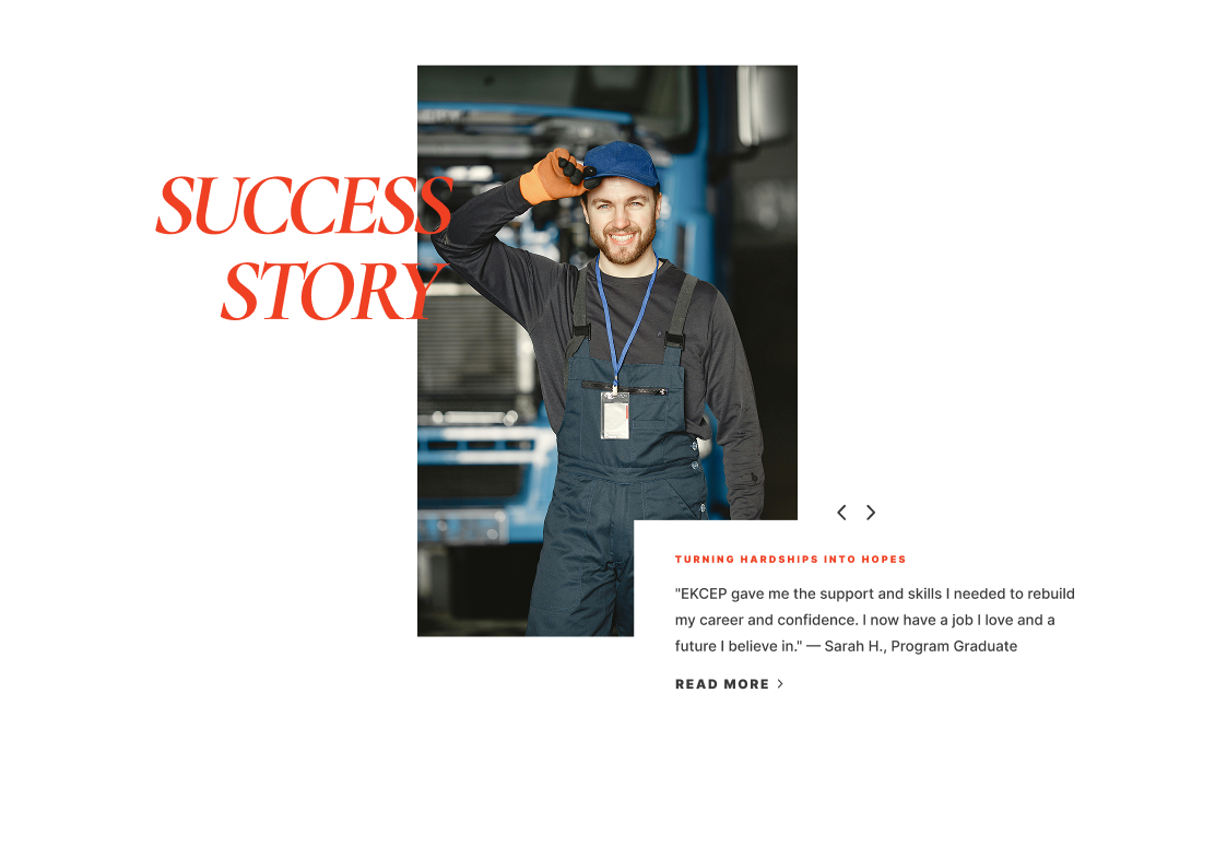 Web design for EKCEP's relaunched 2025 website, featuring an interactive Success Story slider