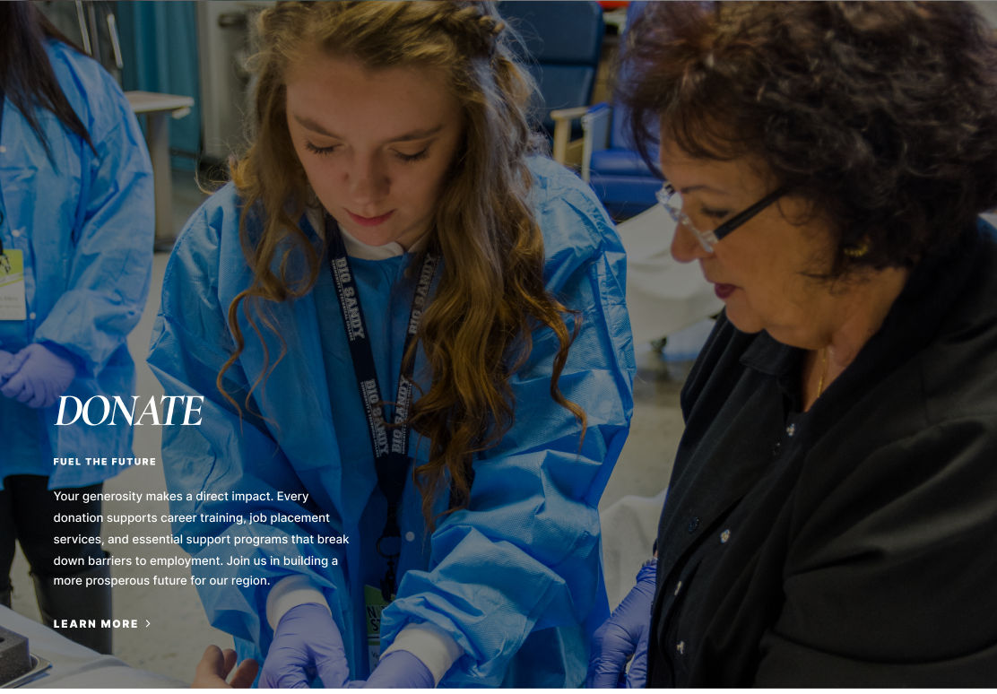 Desktop web design for EKCEP's relaunched 2025 website, featuring a fullscreen image of a student in medical training and the text "Donate"