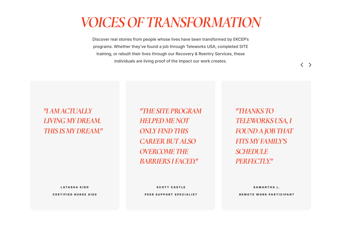 Desktop web design for EKCEP's relaunched 2025 website, showing a red and white text heavy layout with an interactive testimonial slider.