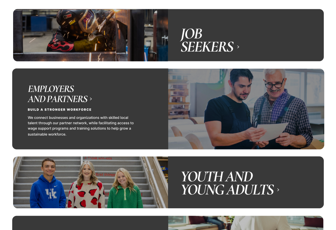 Desktop web design for EKCEP's relaunched 2025 website, showing a call to action with alternating panels of text and images.