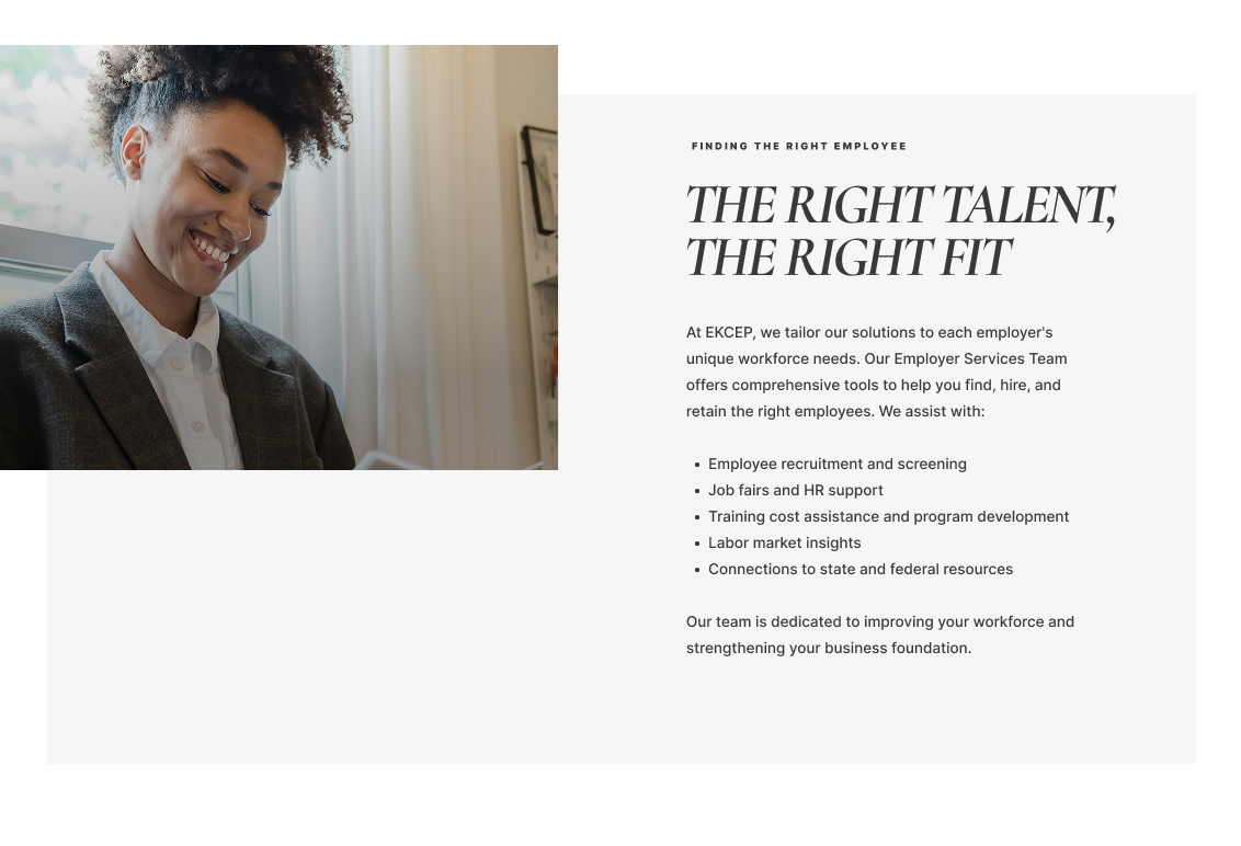 Desktop web design for EKCEP's relaunched 2025 website, showing an offset layout with a woman in a suit on the left and text on the right.