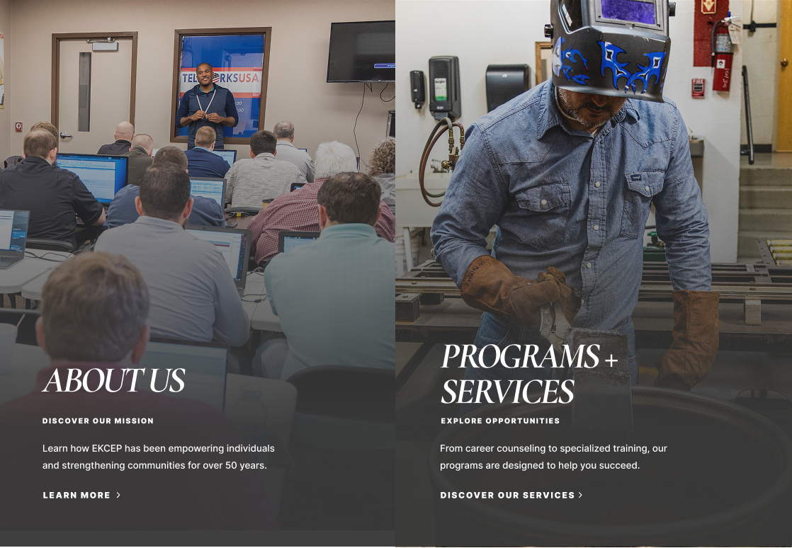 Desktop web design for EKCEP's relaunched 2025 website, showing a two column section with images of men learning career skills.