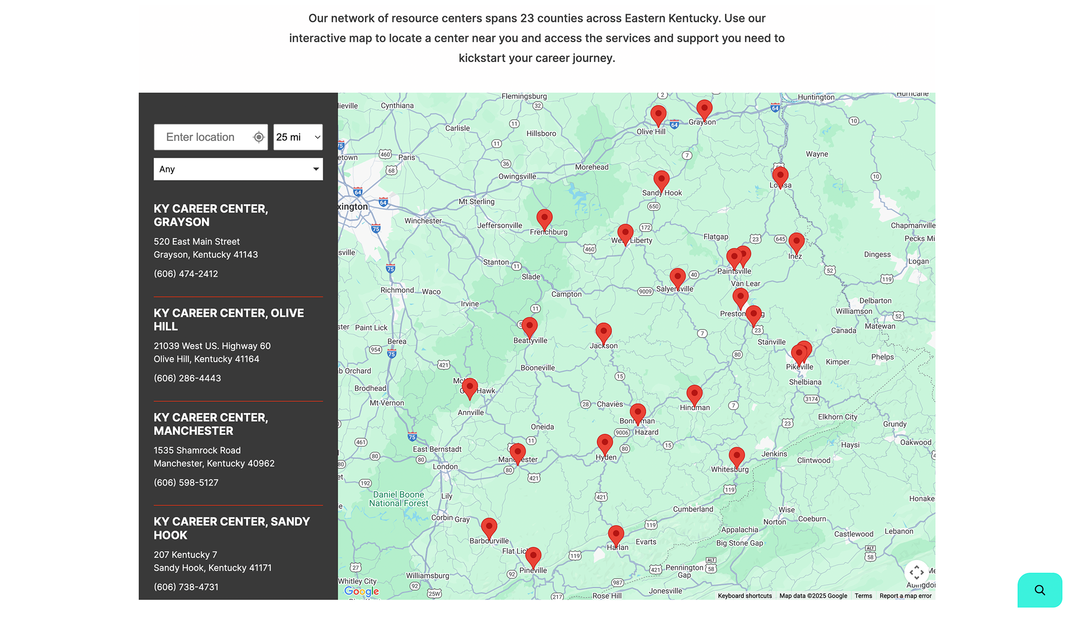 Interactive map design for EKCEP, showing off the locations of their service centers.