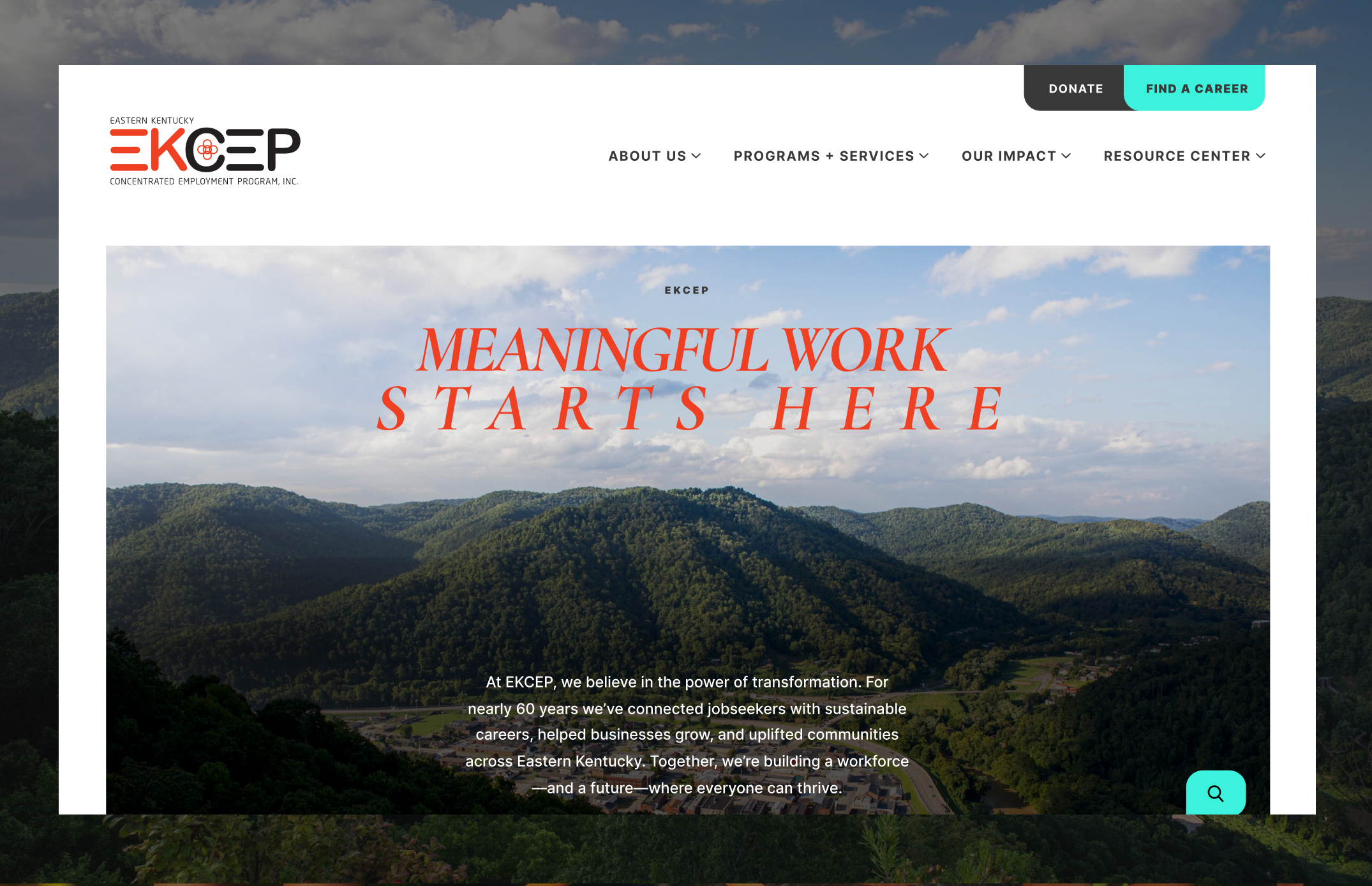 Desktop design for Eastern Kentucky Concentrated Employment Program, showing the main landing page with red text reading "Meaningful Work Starts Here" over a large image of rolling green hills