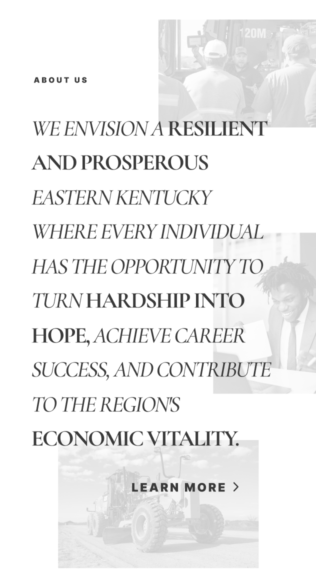 Mobile design for EKCEP's relaunched 2025 website, featuring a large quote and black and white images floating behind.