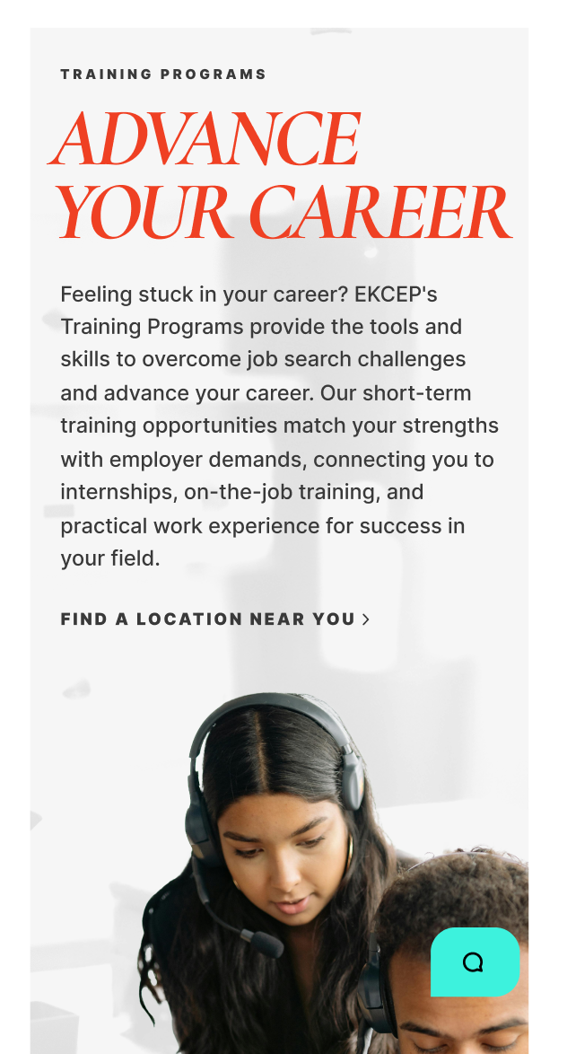 Mobile design for EKCEP's relaunched 2025 website, with text reading "Advance Your Career" and a woman in a headset.
