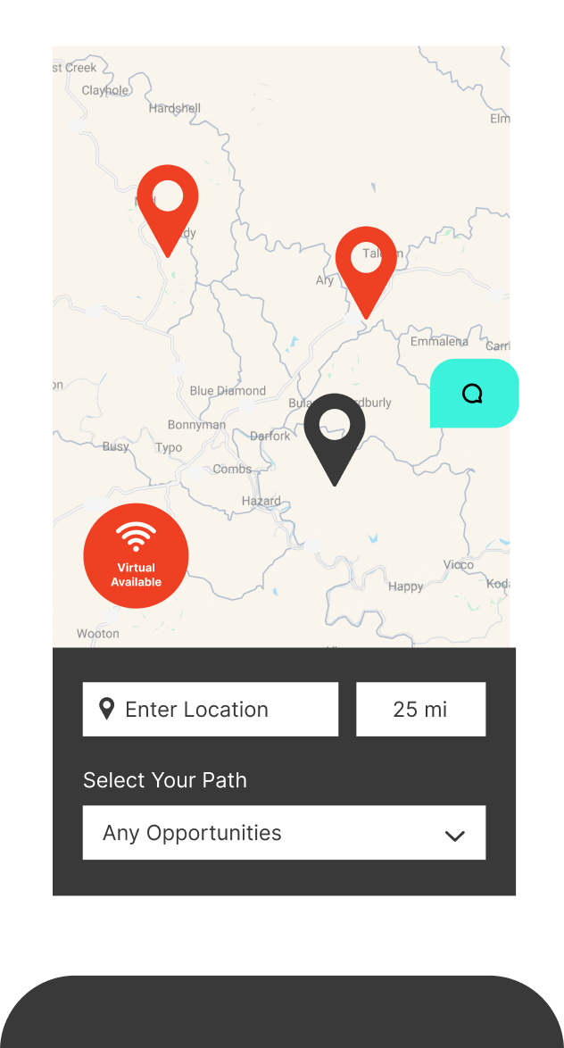 Mobile design for EKCEP's relaunched 2025 website, showing off the interactive map UI and the popup search.