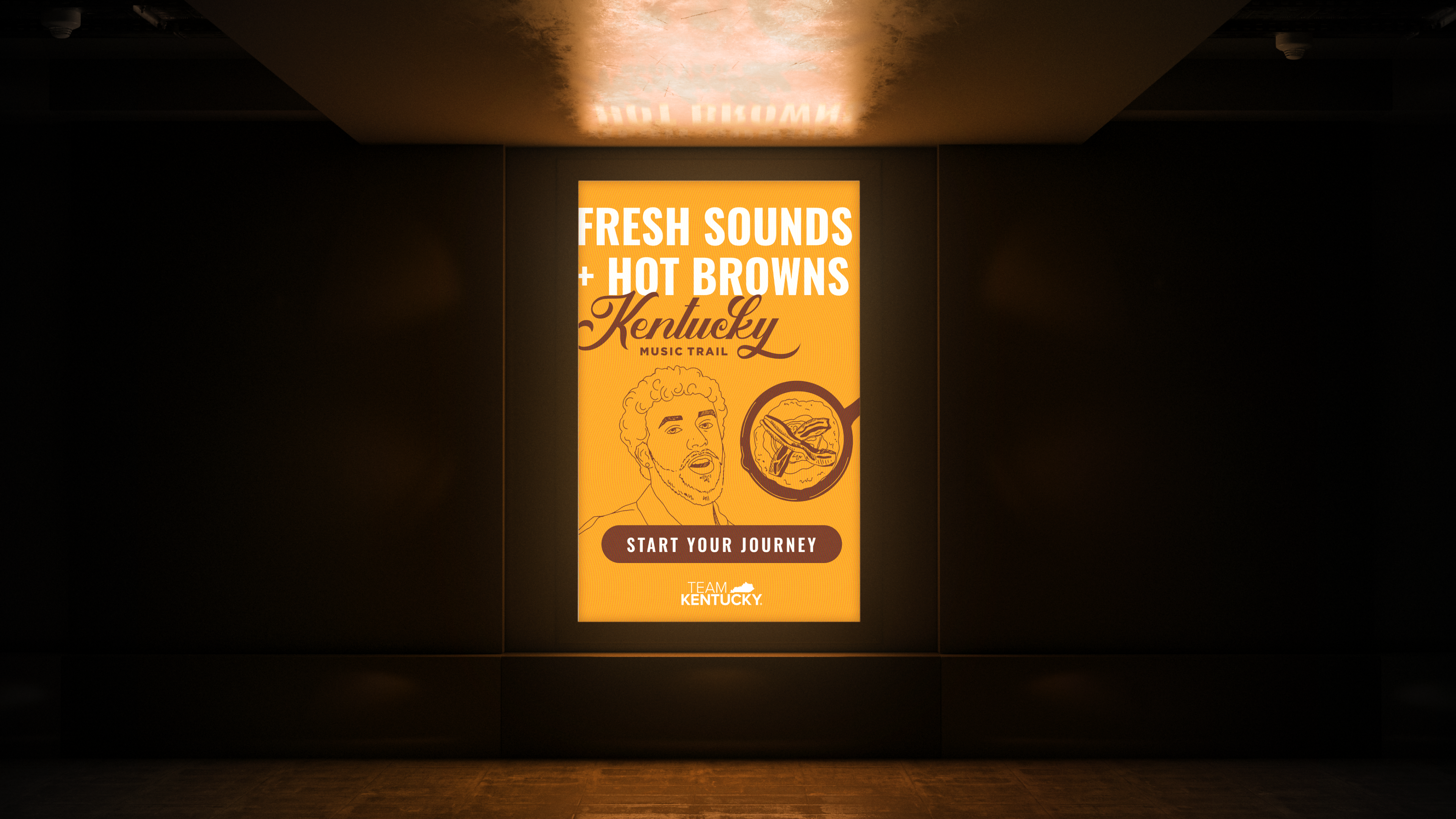 A mockup of a lighted sign for the Kentucky Music Trail, featuring a glowing yellow sign with a brown image of Jack Harlow, and text reading "Fresh Sounds + Hot Browns" and "Start Your Journey"