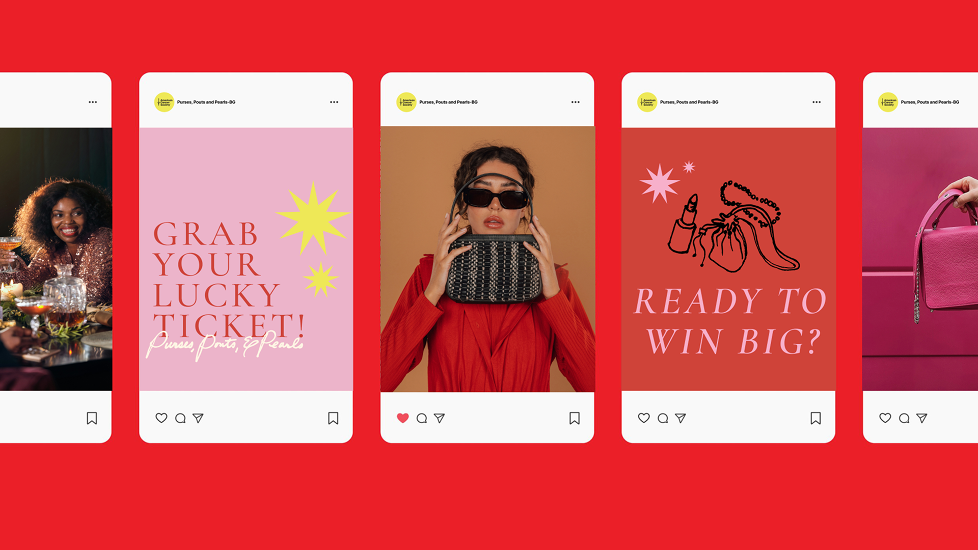 an array of social mockups featuring assets and photography for the Purses, Pouts, & Pearls social content